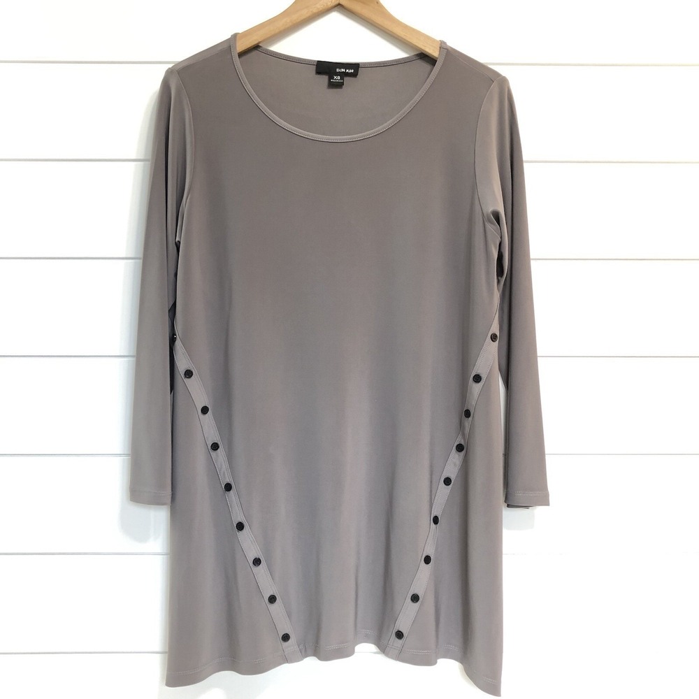 Sun Kim Women's Liquid Knit Button Tunic Top Shirt Sz XS Gray Artsy Lagenlook